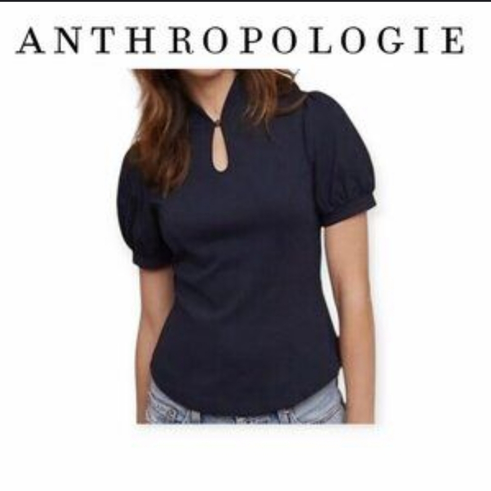 Anthropologie Ett.Twa Ponte Knit Keyhole Puff Sleeve Blouse size M Red